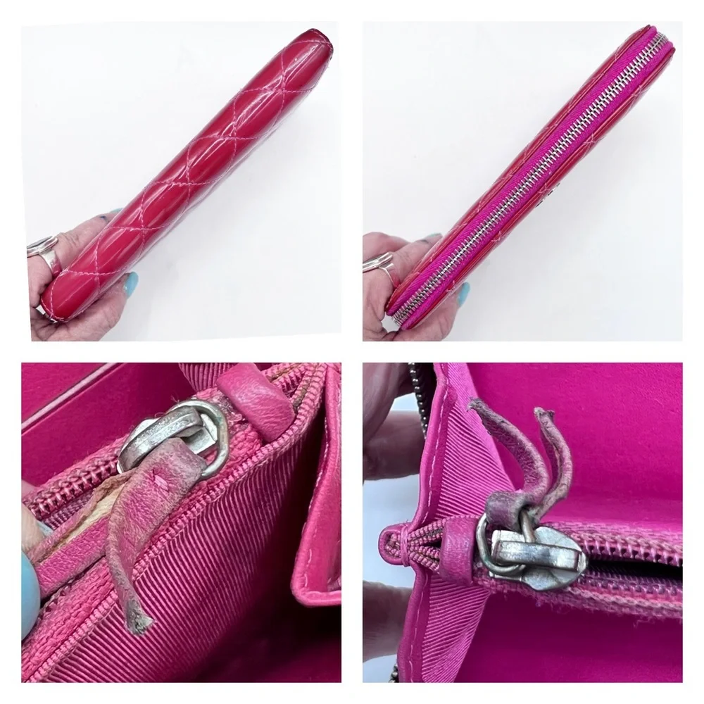 CHANEL Patent Quilted Zip Around Long Wallet Pink Salmon 14 Series (2011)